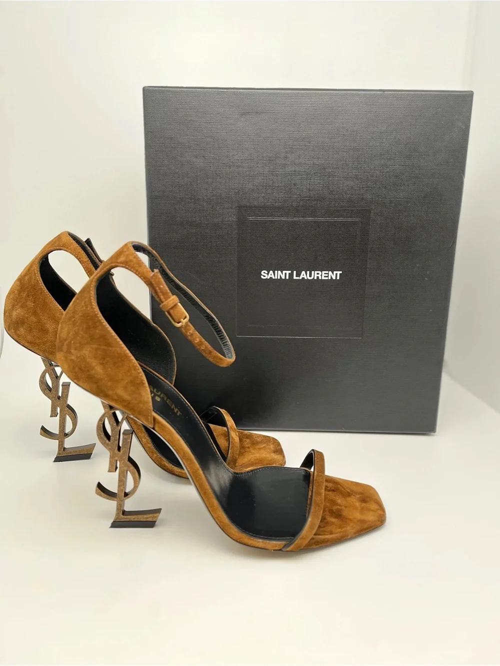 Saint Laurent Tan Suede YSL Logo-Heel Sandals - Picture 2 of 3